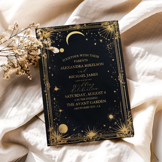 Celestial Black Gold Sun Moon Astronomie Hochzeit Einladung