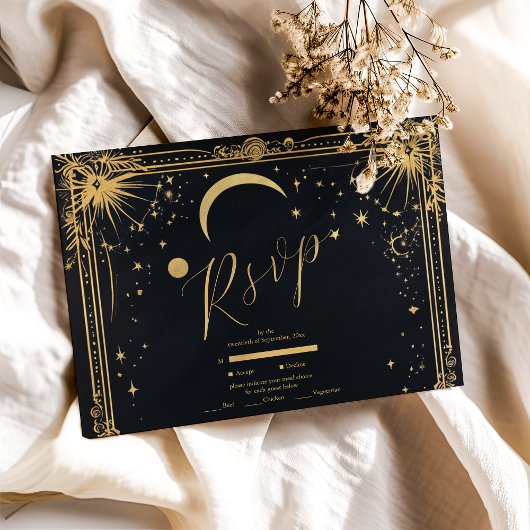 Celestial Black Gold Sun Moon Astronomie Hochzeit RSVP Karte