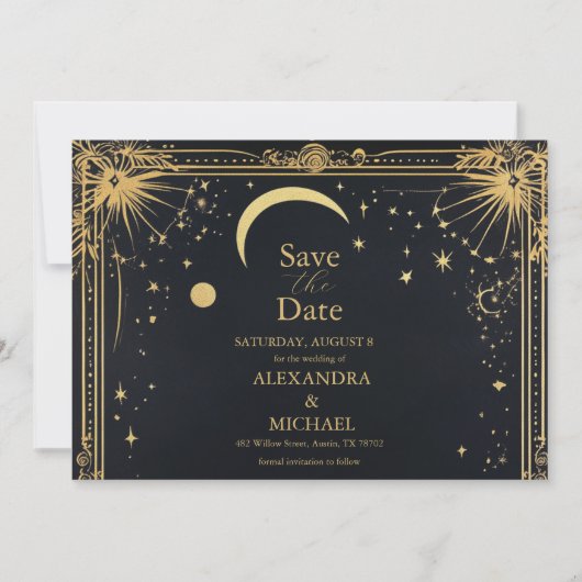 Celestial Black Gold Sun Moon Astronomie Hochzeit Save The Date (Vorderseite)