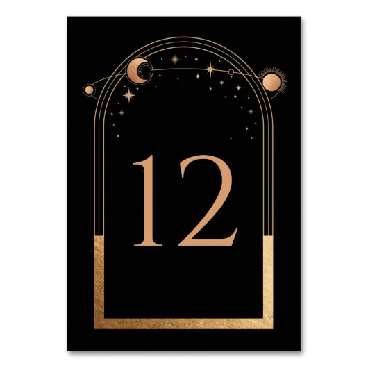 Celestial Black Gold Sun Moon Astronomie Hochzeit Tischnummer (Vorderseite)