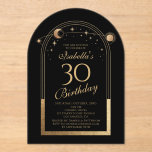 Celestial Black Gold Sun Moon Stars 30. Geburtstag Acryleinladungen<br><div class="desc">Celestial Black Gold Sun Moon Astronomie 30. Geburtstag Akrylus Einladungen bietet eine elegante goldene Sonne, Mond und Sterne mit einem goldenen Rahmen auf einem schwarzen Hintergrund. Im Inneren ist Ihre individuelle Einladung zum dreißigsten Geburtstag Informationen. Personalisieren Sie den Text in den Textfeldern, indem Sie ihn bearbeiten. Für Sie entworfen von...</div>