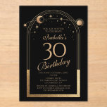 Celestial Black Gold Sun Moon Stars 30. Geburtstag Acryleinladungen<br><div class="desc">Celestial Black Gold Sun Moon Astronomie 30. Geburtstag Akrylus Einladungen bietet eine elegante goldene Sonne, Mond und Sterne mit einem goldenen Rahmen auf einem schwarzen Hintergrund. Im Inneren ist Ihre individuelle Einladung zum dreißigsten Geburtstag Informationen. Personalisieren Sie den Text in den Textfeldern, indem Sie ihn bearbeiten. Für Sie entworfen von...</div>