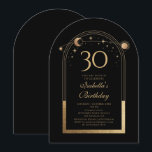 Celestial Black Gold Sun Moon Stars 30. Geburtstag Einladung<br><div class="desc">Celestial Black Gold Sun Moon Astronomie 30. Geburtstag Einladungen bietet eine elegante goldene Sonne, Mond und Sterne mit einem goldenen Rahmen auf einem schwarzen Hintergrund. Im Inneren ist Ihre individuelle Einladung zum dreißigsten Geburtstag Informationen. Personalisieren Sie den Text in den Textfeldern, indem Sie ihn bearbeiten. Für Sie entworfen von Evco...</div>