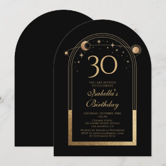 Celestial Black Gold Sun Moon Stars 30. Geburtstag Einladung