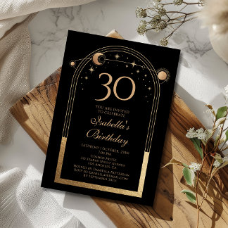 Celestial Black Gold Sun Moon Stars 30. Geburtstag Einladung