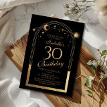 Celestial Black Gold Sun Moon Stars 30. Geburtstag Einladung<br><div class="desc">Celestial Black Gold Sun Moon Astronomie 30. Geburtstag Einladungen bietet eine elegante goldene Sonne, Mond und Sterne mit einem goldenen Rahmen auf einem schwarzen Hintergrund. Im Inneren ist Ihre individuelle Einladung zum dreißigsten Geburtstag Informationen. Personalisieren Sie den Text in den Textfeldern, indem Sie ihn bearbeiten. Für Sie entworfen von Evco...</div>