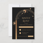 Celestial Black Gold Sun Moon Stars Hochzeit RSVP Karte (Vorderseite)