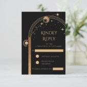 Celestial Black Gold Sun Moon Stars Hochzeit RSVP Karte (Stehend Vorderseite)