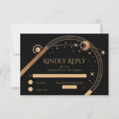 Celestial Black Gold Sun Moon Stars Hochzeit RSVP Karte (Vorderseite)