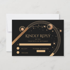 Celestial Black Gold Sun Moon Stars Hochzeit RSVP Karte