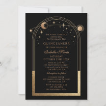 Celestial Black Gold Sun Moon Stars Quinceañera