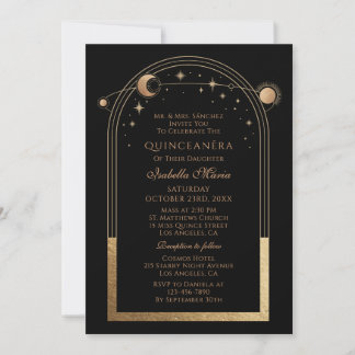 Celestial Black Gold Sun Moon Stars Quinceañera Einladung