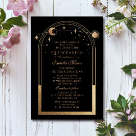Celestial Black Gold Sun Moon Stars Quinceañera Einladung
