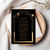 Celestial Black Gold Sun Moon Stars Quinceañera Einladung