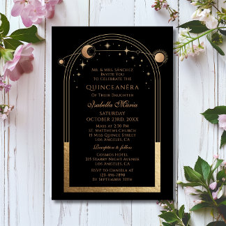 Celestial Black Gold Sun Moon Stars Quinceañera Einladung
