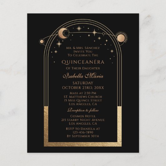 Celestial Black Gold Sun Moon Stars Quinceañera Flyer (Vorne)