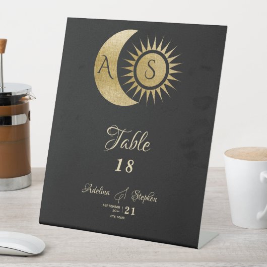Celestial Black Gold Sun Moon Wappen Table Sign Sockelschild (In Situ)
