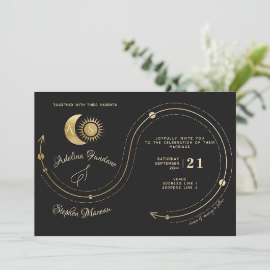 Celestial Black Gold Sun Moon Wappen UAWG QR Code Einladung (Stehend Vorderseite)