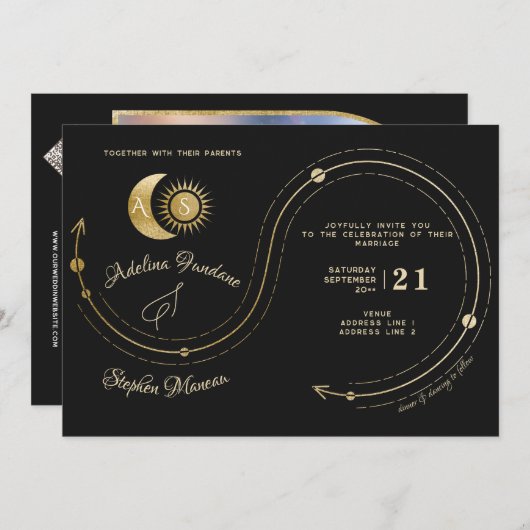 Celestial Black Gold Sun Moon Wappen UAWG QR Code Einladung (Vorne/Hinten)