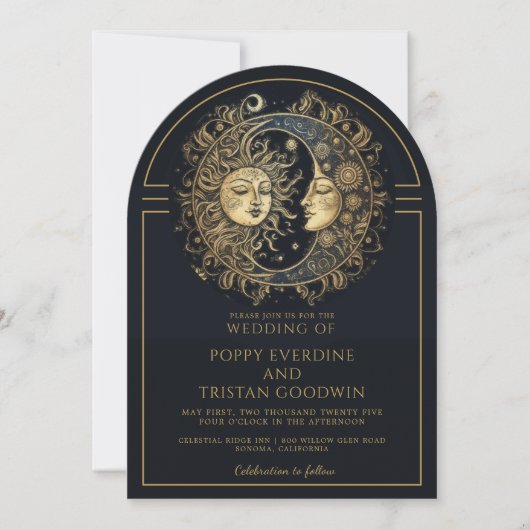 Celestial Black Gold Sun Moon Wedding Einladung (Vorderseite)