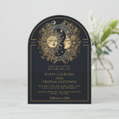 Celestial Black Gold Sun Moon Wedding Einladung (Stehend Vorderseite)
