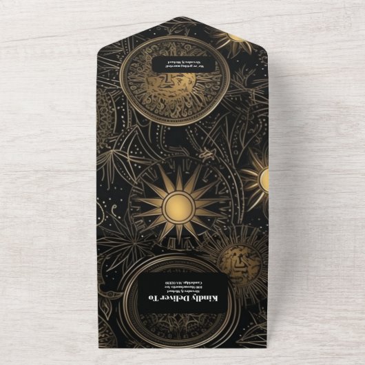 Celestial Black Gold Wedding All In One Einladung (Außenbereich)