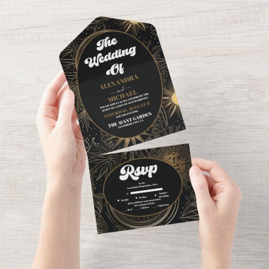Celestial Black Gold Wedding All In One Einladung (Abreißen)