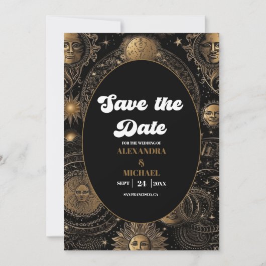 Celestial Black Gold Wedding Save The Date (Vorderseite)