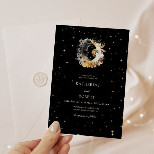 Celestial Black Golden Moon Hochzeit Einladung