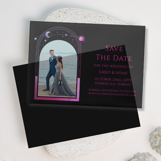Celestial Black Lila Foto Wedding Save the Date Pergament Einladungen