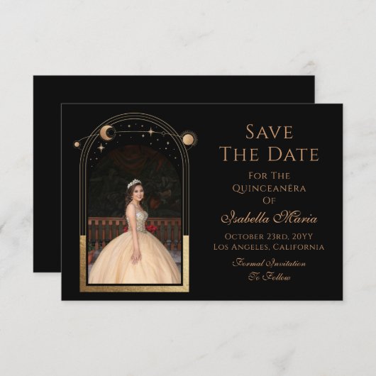 Celestial Black Save the Date Birthday Quinceanera (Vorne/Hinten)