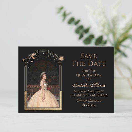 Celestial Black Save the Date Birthday Quinceanera (Stehend Vorderseite)