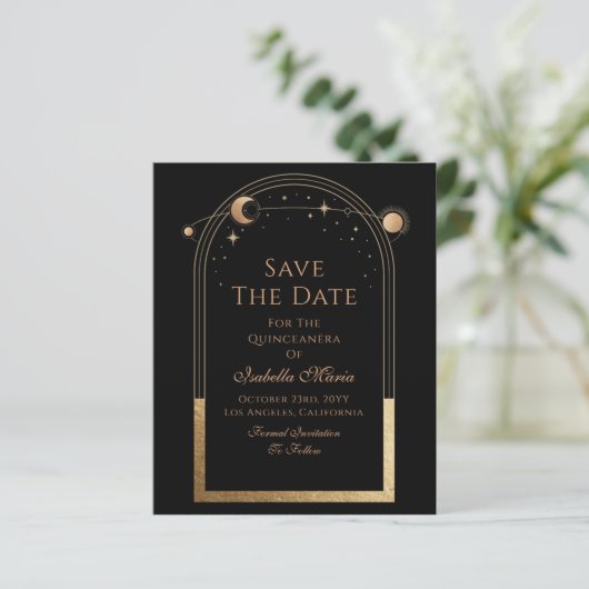 Celestial Black Save the Date Birthday Quinceanera (Stehend Vorderseite)