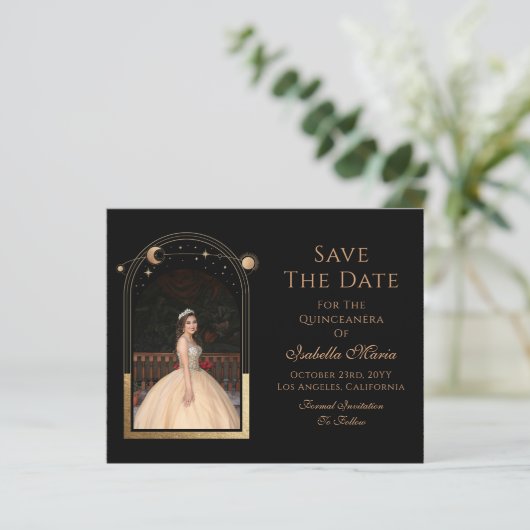 Celestial Black Save the Date Birthday Quinceanera (Stehend Vorderseite)