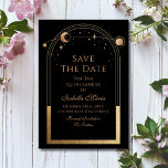 Celestial Black Save the Date Birthday Quinceanera<br><div class="desc">Celestial Black Save the Date Geburtstag Quinceanera Einladung zeigt eine goldene Sonne,  Mond und Sterne Rahmen auf einem schwarzen Hintergrund. Im Inneren ist Ihre individuelle Quinceanera Save the Date Informationen. Personalisieren Sie den Text in den Textfeldern,  indem Sie ihn bearbeiten. Entwickelt für Sie von ©2024 Evco Studio www.zazzle.com/store/evcostudio</div>