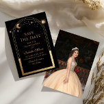 Celestial Black Save the Date Birthday Quinceanera<br><div class="desc">Celestial Black Save the Date Geburtstag Quinceanera Einladung zeigt eine goldene Sonne, Mond und Sterne Rahmen auf einem schwarzen Hintergrund. Inside ist Ihre individuelle Quinceanera Save the Date Informationen und auf der Rückseite fügen Sie Ihr Lieblings-Foto. Personalisieren Sie den Text in den Textfeldern, indem Sie ihn bearbeiten. Entwickelt für Sie...</div>