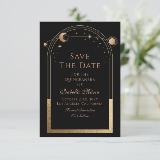 Celestial Black Save the Date Birthday Quinceanera (Stehend Vorderseite)