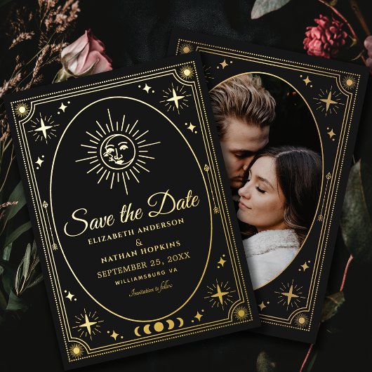 Celestial Black Tarot Wedding Foto Save the Date Folieneinladung