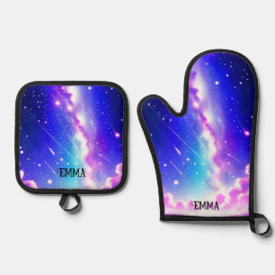 Celestial Blue and Pink Galaxy Individuelle Name Ofenhandschuh & Topflappen-Set
