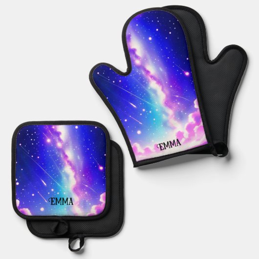 Celestial Blue and Pink Galaxy Individuelle Name Ofenhandschuh & Topflappen-Set (Vorderseite/Rückseite)