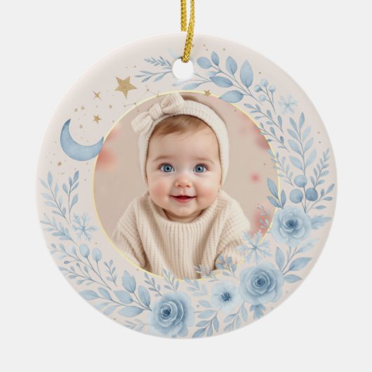 Celestial Blue Baby First Christmas Photo Keramik Ornament (Vorne)