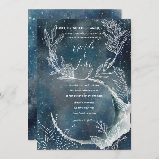 Celestial Blue Blume Moon Einladung (Vorne/Hinten)