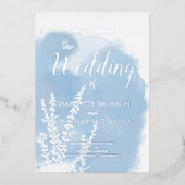 Celestial Blue Botanical Watercolor Wash Wedding Folieneinladung (Vorderseite)
