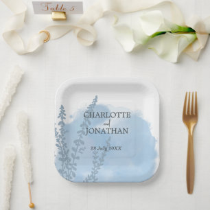 Celestial Blue Botanical Watercolor Wash Wedding Pappteller