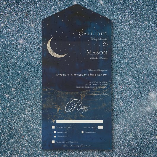 Celestial Blue Crescent Moon Hochzeitessen All In One Einladung