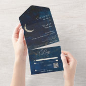 Celestial Blue Crescent Moon Wedding QR Code All In One Einladung (Abreißen)