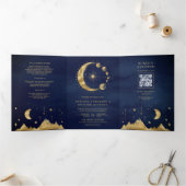 Celestial Blue Gold Crescent Moon Phases Wedding Dreifach Gefaltete Einladung (Innenseite)