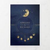 Celestial Blue Gold Crescent Moon Phases Wedding Dreifach Gefaltete Einladung (Cover)