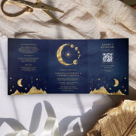 Celestial Blue Gold Crescent Moon Phases Wedding Dreifach Gefaltete Einladung