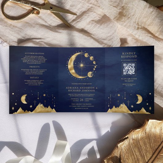 Celestial Blue Gold Crescent Moon Phases Wedding Dreifach Gefaltete Einladung